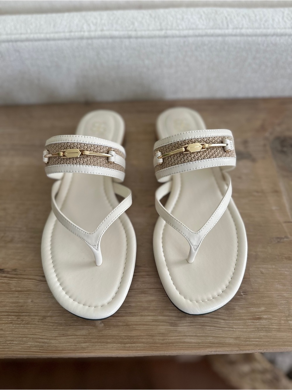 Cream Woven Band Thong Sandals with Gold Accent